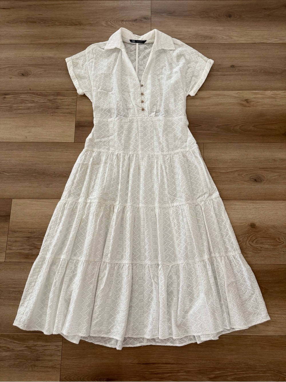 ZARA EMBROIDERED EYELET MIDI DRESS WHITE LARGE
